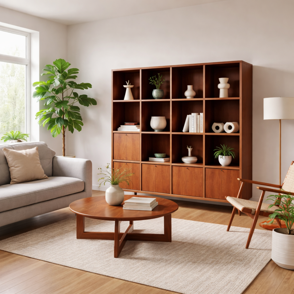 A mid-century-style bookcase – a functional accent in a modern living room