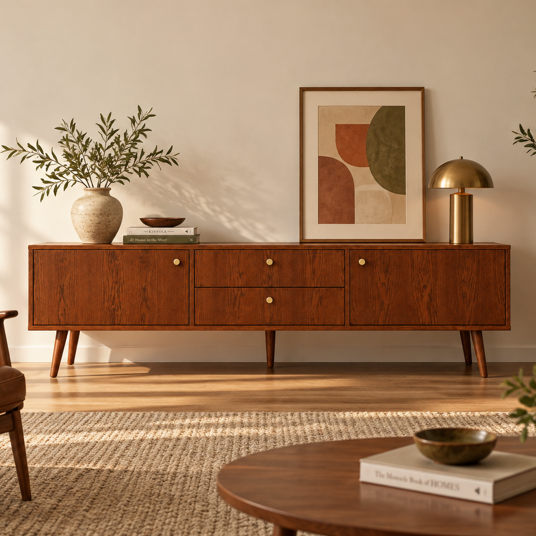 A mid-century modern wooden sideboard or credenza in a warm medium brown wood finish, styled in a living room with a leather armchair, a round coffee table, potted plants, and abstract wall art.
